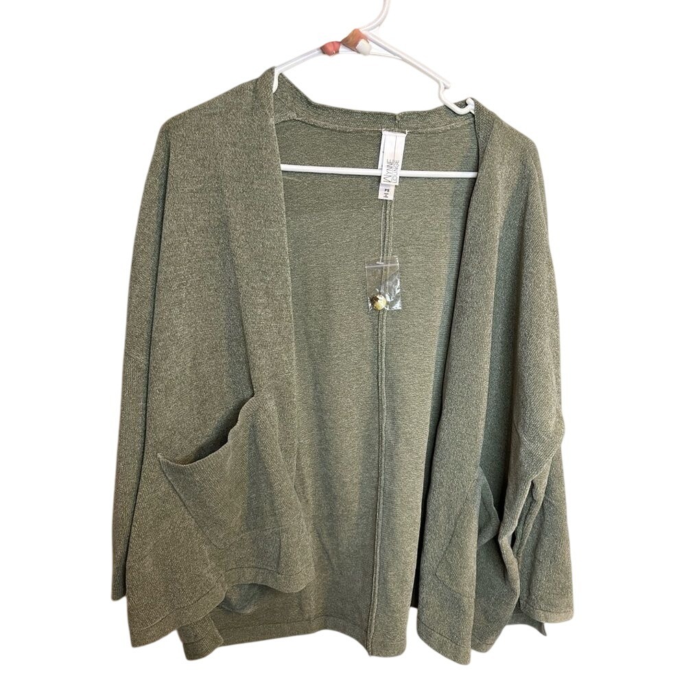Alynne Lounge Olive Green Open Front Cardigan Sweater‎ Pockets Small